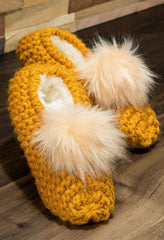 Knitted Slippers with Pom Poms in Mustard - chic life.com