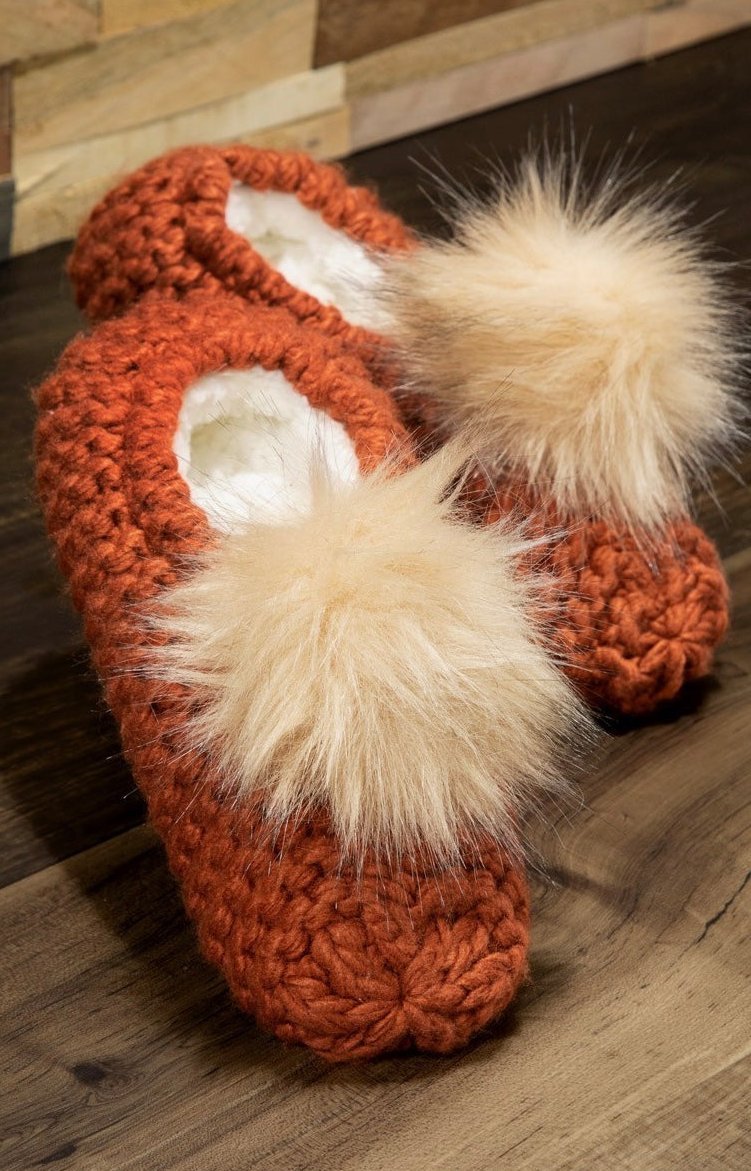 Knitted Slippers with Pom Poms in Rust - chic life.com